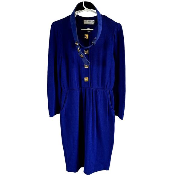 Vintage St John Santana Dress Gold Button Front Belted Formal Royal Blue 6 - Picture 1 of 3